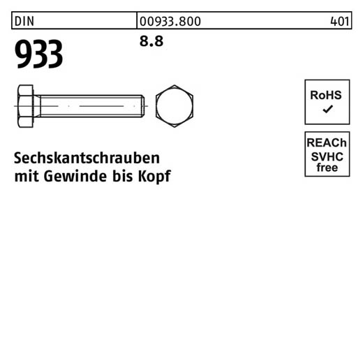 Sechskantschrauben DIN 933 (ISO 4017) | Stahl 8.8 unveredelt | M 30 x 90 | 10 Stück