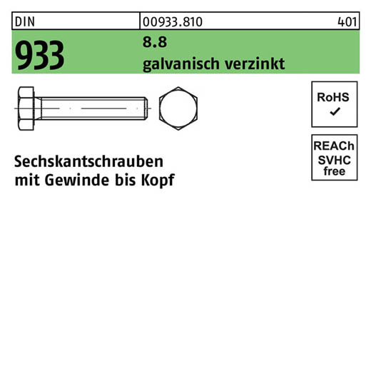 Sechskantschrauben DIN 933 (ISO 4017) | Stahl 8.8 galvanisch verzinkt - M 3 x 25 | - 500 Stück