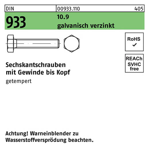 Sechskantschrauben DIN 933 (ISO 4017) | Stahl 10.9 galvanisch verzinkt - M 6 x 16 | - 500 Stück