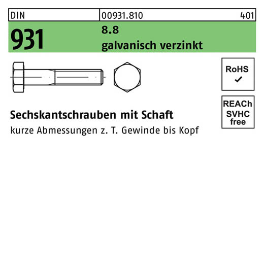 DIN 931, Sechskantschrauben mit Schaft M 8 x 120, Stahl 8.8 galvanisch verzinkt - 100 Stück