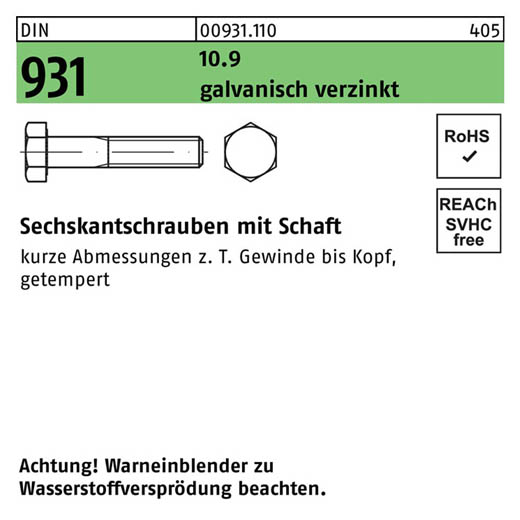 DIN 931, Sechskantschrauben mit Schaft M 16 x 100, Stahl 10.9 galvanisch verzinkt - 25 Stück