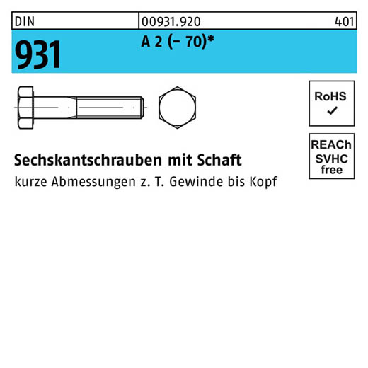 DIN 931, Sechskantschrauben mit Schaft M 20 x 240, Edelstahl A 2 | 70 | 10 Stück