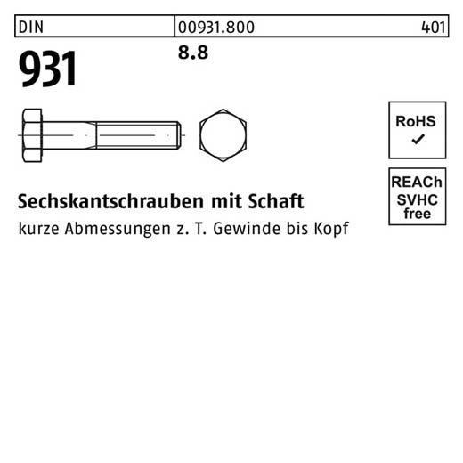 DIN 931, Sechskantschrauben mit Schaft M 12 x 230, Stahl 8.8 - 25 Stück