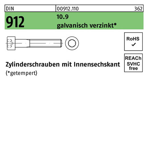 Zylinderschrauben DIN 912 (ISO 4762) | Stahl 10.9 galvanisch verzinkt - M 6 x 18 | - 500 Stück