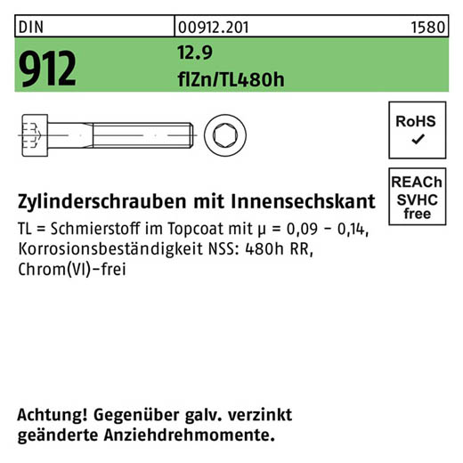 Zylinderschrauben DIN 912 (ISO 4762) | Stahl 12.9 zinklamellenbeschichtet - M 10 x 55 | - 100 Stück