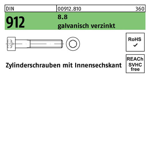 Zylinderschrauben DIN 912 (ISO 4762) | Stahl 8.8 galvanisch verzinkt | M 20 x 240 | 10 Stück