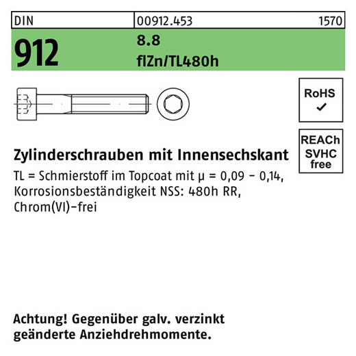 Zylinderschrauben DIN 912 (ISO 4762) | Stahl 8.8 zinklamellenbeschichtet - M 6 x 12 | - 500 Stück