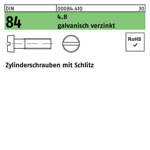 DIN 84, Zylinderschrauben mit Schlitz M 2 x 5, Stahl 4.8 galvanisch verzinkt - 2000 Stück