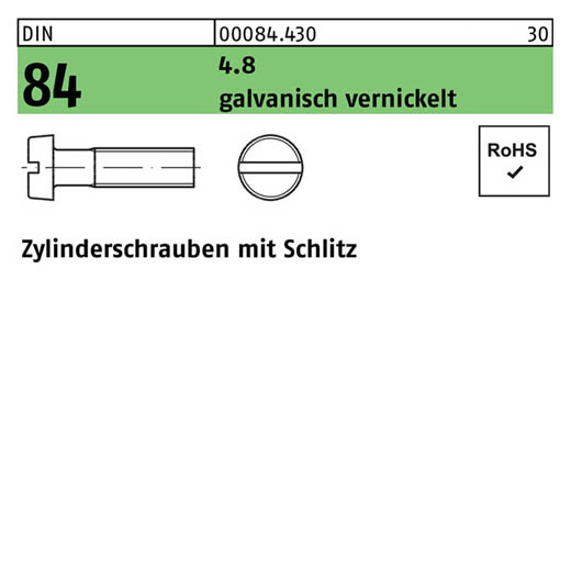 DIN 84, Zylinderschrauben mit Schlitz M 5 x 10, Stahl 4.8 galvanisch vernickelt - 2000 Stück