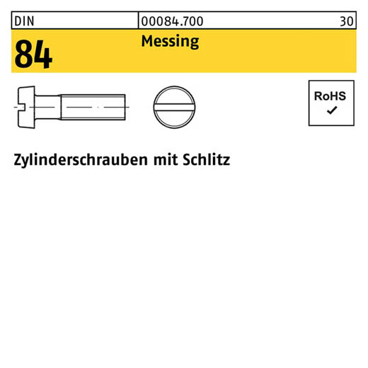 DIN 84, Zylinderschrauben mit Schlitz M 3 x 6, Messing - 1000 Stück