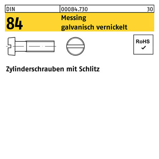 DIN 84, Zylinderschrauben mit Schlitz M 2,5 x 10, Messing galvanisch vernickelt - 200 Stück