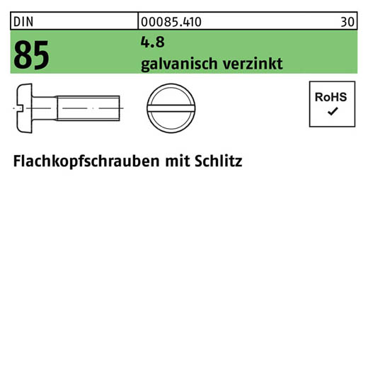 DIN 85, Flachkopfschrauben mit Schlitz M 3 x 4, Stahl 4.8 galvanisch verzinkt - 2000 Stück