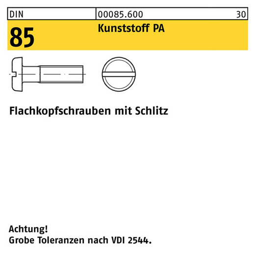 DIN 85, Flachkopfschrauben mit Schlitz M 3 x 6, Kunststoff PA - 200 Stück