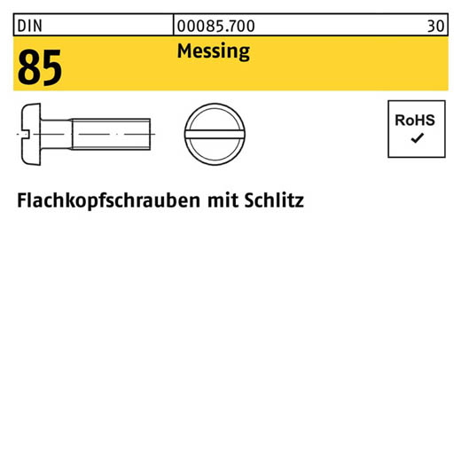 DIN 85, Flachkopfschrauben mit Schlitz M 6 x 10, Messing - 200 Stück