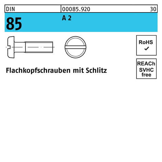 DIN 85, Flachkopfschrauben mit Schlitz M 3 x 4, Edelstahl A 2 - 1000 Stück