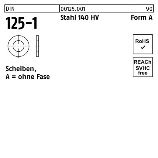 DIN 125-1, Scheiben, ohne Fase, Stahl 140 HV Form A, 2,2 x 5 x 0,3 - 5000 Stück