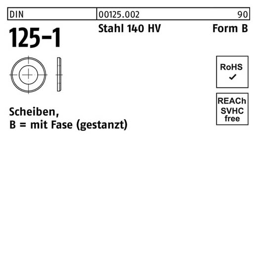 DIN 125-1, Scheiben, mit Fase (gedreht), Stahl 140 HV Form B gedreht, 1,3 x 3,5 x 0,3 - 100 Stück