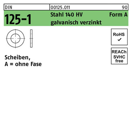 DIN 125-1, Scheiben, ohne Fase, Stahl 140 HV Form A galvanisch verzinkt, 2,2 x 5 x 0,3 - 5000 Stück