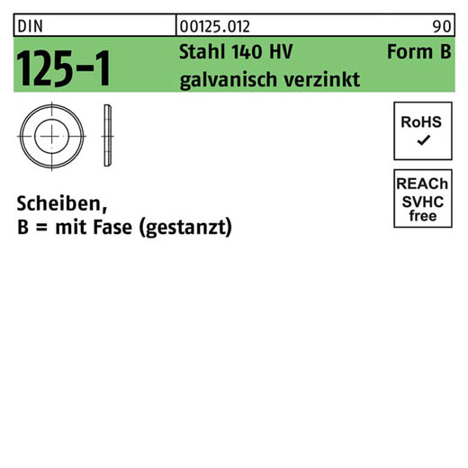 DIN 125-1, Scheiben, mit Fase (gestanzt), Stahl 140 HV Form B galvanisch verzinkt, 4,3 x 9 x 0,8 - 1000 Stück