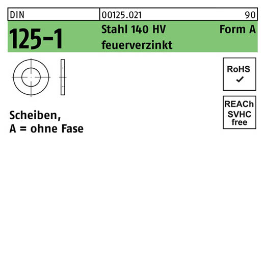 DIN 125-1, Scheiben, ohne Fase, Stahl 140 HV Form A feuerverzinkt, 13 x 24 x 2,5 - 500 Stück