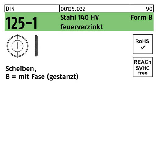 DIN 125-1, Scheiben, mit Fase (gestanzt), Stahl 140 HV Form B feuerverzinkt, 6,4 x 12 x 1,6 - 1000 Stück