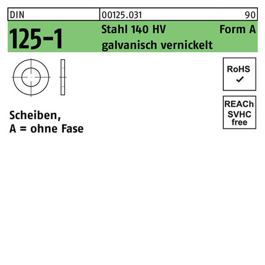 DIN 125-1, Scheiben, ohne Fase, Stahl 140 HV Form A galvanisch vernickelt, 4,3 x 9 x 0,8 - 1000 Stück