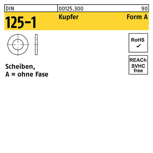 DIN 125-1, Scheiben, ohne Fase, Kupfer Form A, 5,3 x 10 x 1 - 100 Stück