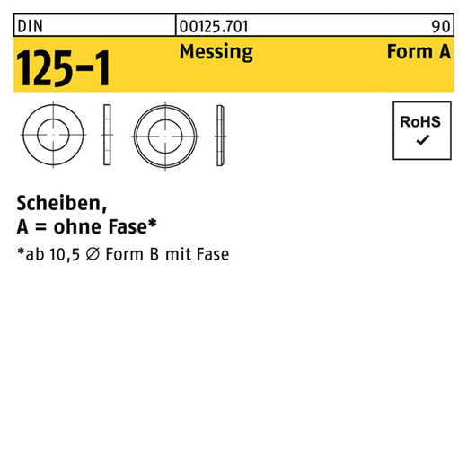 DIN 125-1, Scheiben, Messing Form A, 6,4 x 12 x 1,6 - 1000 Stück