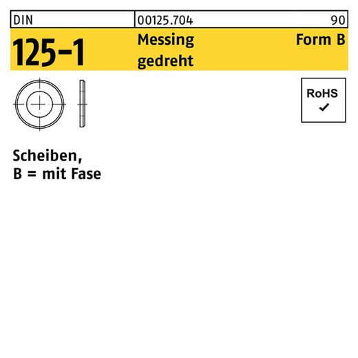 DIN 125-1, Scheiben, mit Fase, Messing Form B gedreht, 4,3 x 9 x 0,8 - 100 Stück