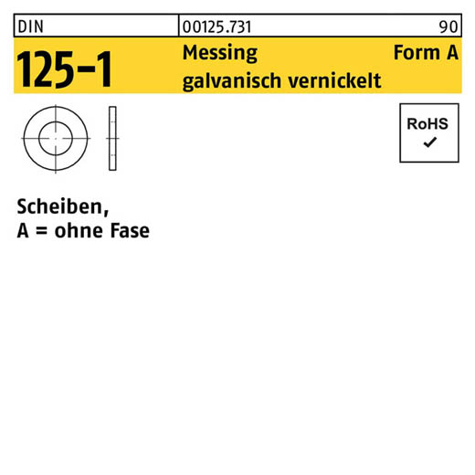 DIN 125-1, Scheiben, ohne Fase, Messing Form A galvanisch vernickelt, 3,2 x 7 x 0,5 - 1000 Stück