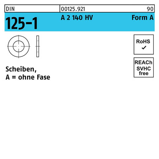 DIN 125-1, Scheiben, ohne Fase, Edelstahl A 2, 140 HV Form A, 2,2 x 5 x 0,3 - 1000 Stück