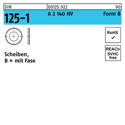 DIN 125-1, Scheiben, mit Fase, Edelstahl A 2, 140 HV Form B, 4,3 x 9 x 0,8 - 1000 Stück