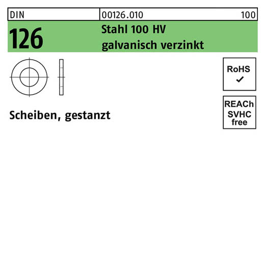 DIN 126, Scheiben, gestanzt, Stahl 100 HV galvanisch verzinkt, 5,5 x 10 x 1 - 1000 Stück