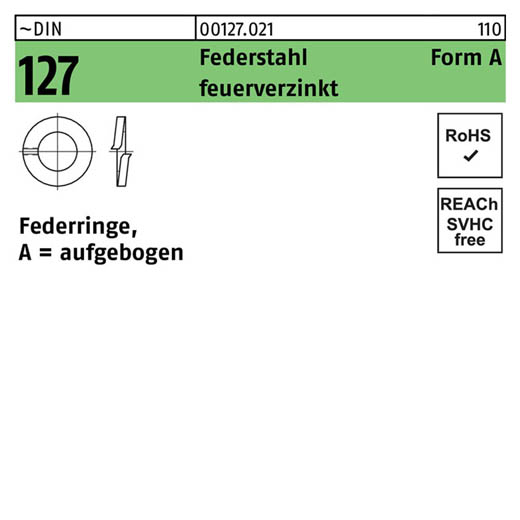 ~DIN 127 Federstahl Form A feuerverzinkt Federringe, aufgebogen | A 10 | 1000 Stück