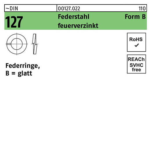 ~DIN 127 Federstahl Form B feuerverzinkt Federringe, glatt | B 10 | 1000 Stück