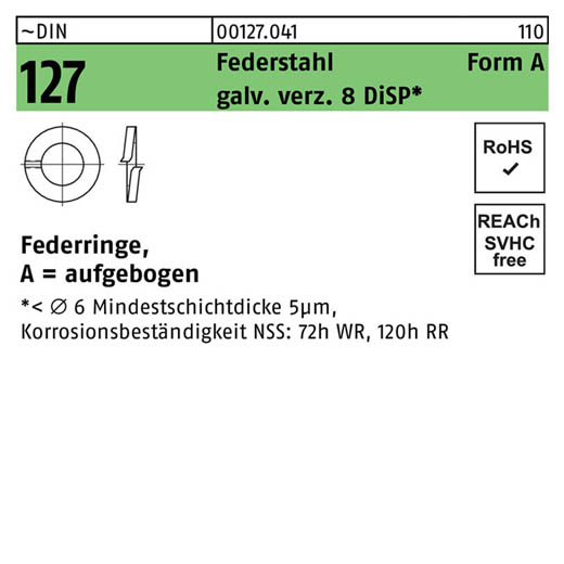 ~DIN 127 Federstahl Form A galv. verz. 8 DiSP Federringe, aufgebogen | A 4 | 1000 Stück