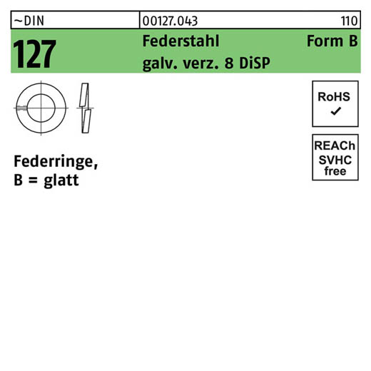 ~DIN 127 Federstahl Form B galv. verz. 8 DiSP Federringe, glatt | B 10 | 1000 Stück