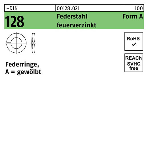 ~DIN 128 Federstahl Form A feuerverzinkt Federringe, gewölbt | A 20 | 100 Stück