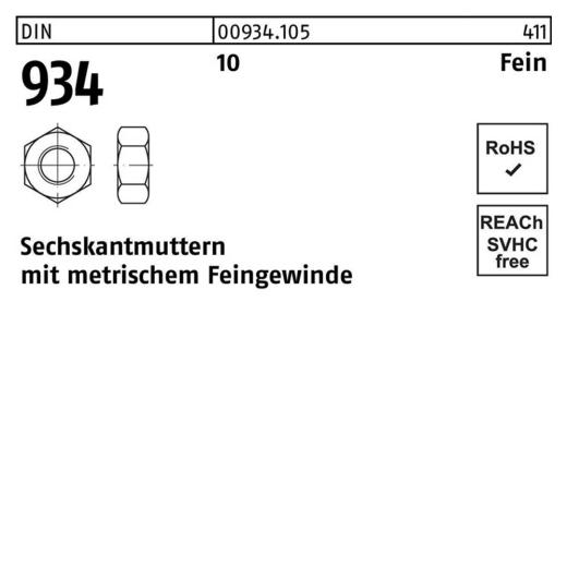 DIN 934, Sechskantmuttern mit metrischem Feingewinde, Stahl 10.9, M 12 x 1,5 - 100 Stück