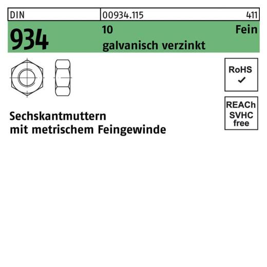 DIN 934, Sechskantmuttern mit metrischem Feingewinde, Stahl 10.9 galvanisch verzinkt, M 8 x 1 - 100 Stück