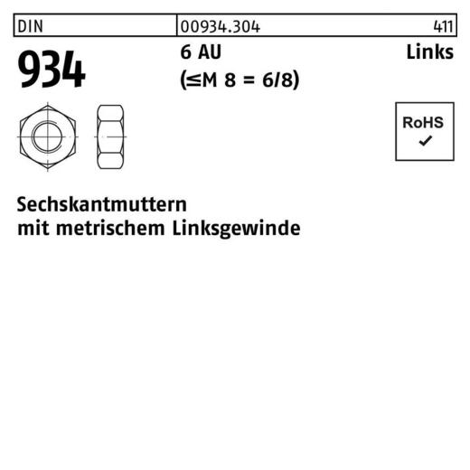 DIN 934, Sechskantmuttern mit metrischem Linksgewinde, Stahl 6 AU (M 8 = 6/8), M 5 - 100 Stück