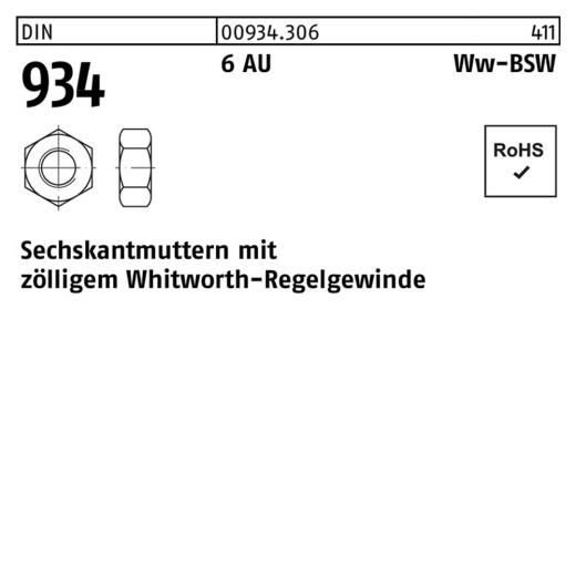 DIN 934, Sechskantmuttern mit zölligem Whitworth-Regelgewinde, Stahl 6 AU, WW 1/4 - 100 Stück