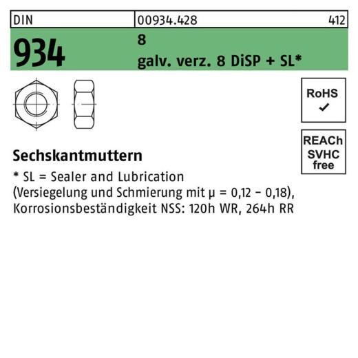 DIN 934, Sechskantmuttern, Stahl 8.8 galv. verz. DiSP + SL, M 12 - 500 Stück