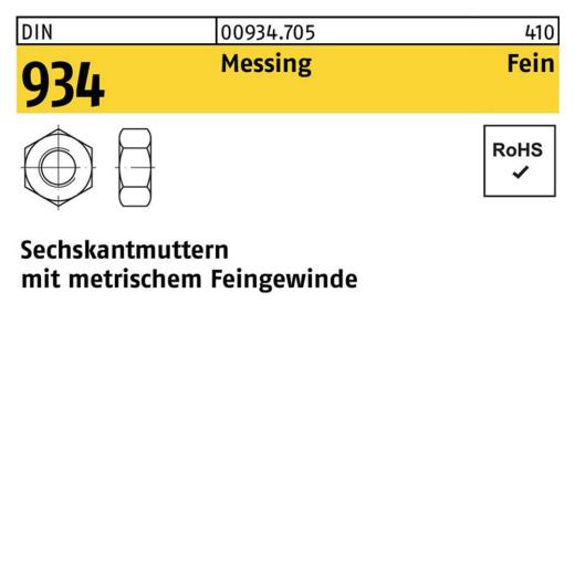 DIN 934, Sechskantmuttern mit metrischem Feingewinde, Messing, M 8 x 1 - 100 Stück