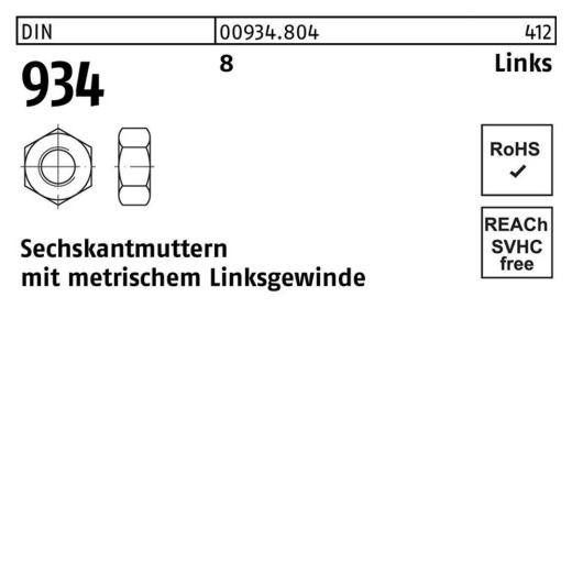 DIN 934, Sechskantmuttern mit metrischem Linksgewinde, Stahl 8.8, M 6 - 100 Stück