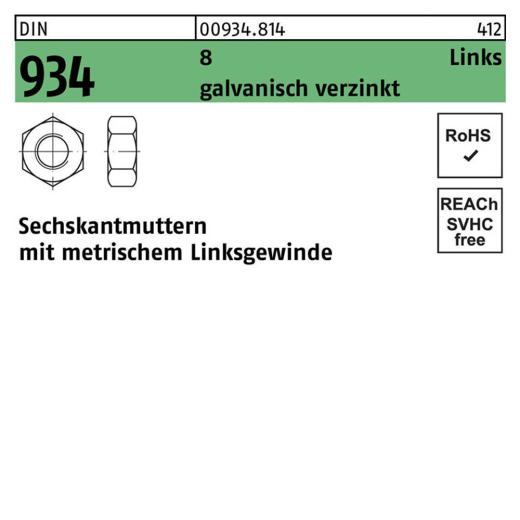 DIN 934, Sechskantmuttern mit metrischem Linksgewinde, Stahl 8.8 galvanisch verzinkt, M 6 - 100 Stück