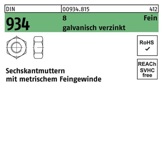 DIN 934, Sechskantmuttern mit metrischem Feingewinde, Stahl 8.8 galvanisch verzinkt, M 10 x 1 - 500 Stück