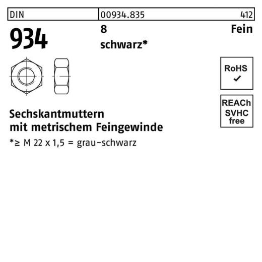 DIN 934, Sechskantmuttern mit metrischem Feingewinde, Stahl 8.8 schwarz, M 10 x 1 - 100 Stück