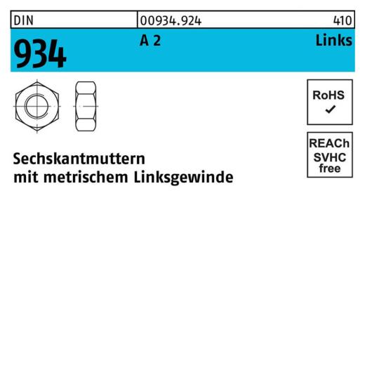 DIN 934, Sechskantmuttern mit metrischem Linksgewinde, Edelstahl A 2 - 70, M 22 - 10 Stück