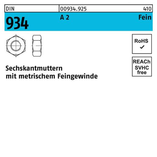 DIN 934, Sechskantmuttern mit metrischem Feingewinde, Edelstahl A 2 - 70, M 6 x 0,75 - 100 Stück